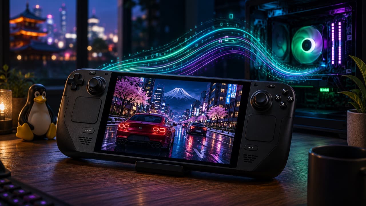 A handheld gaming PC showing a neon city racing scene beside a Linux desktop setup.