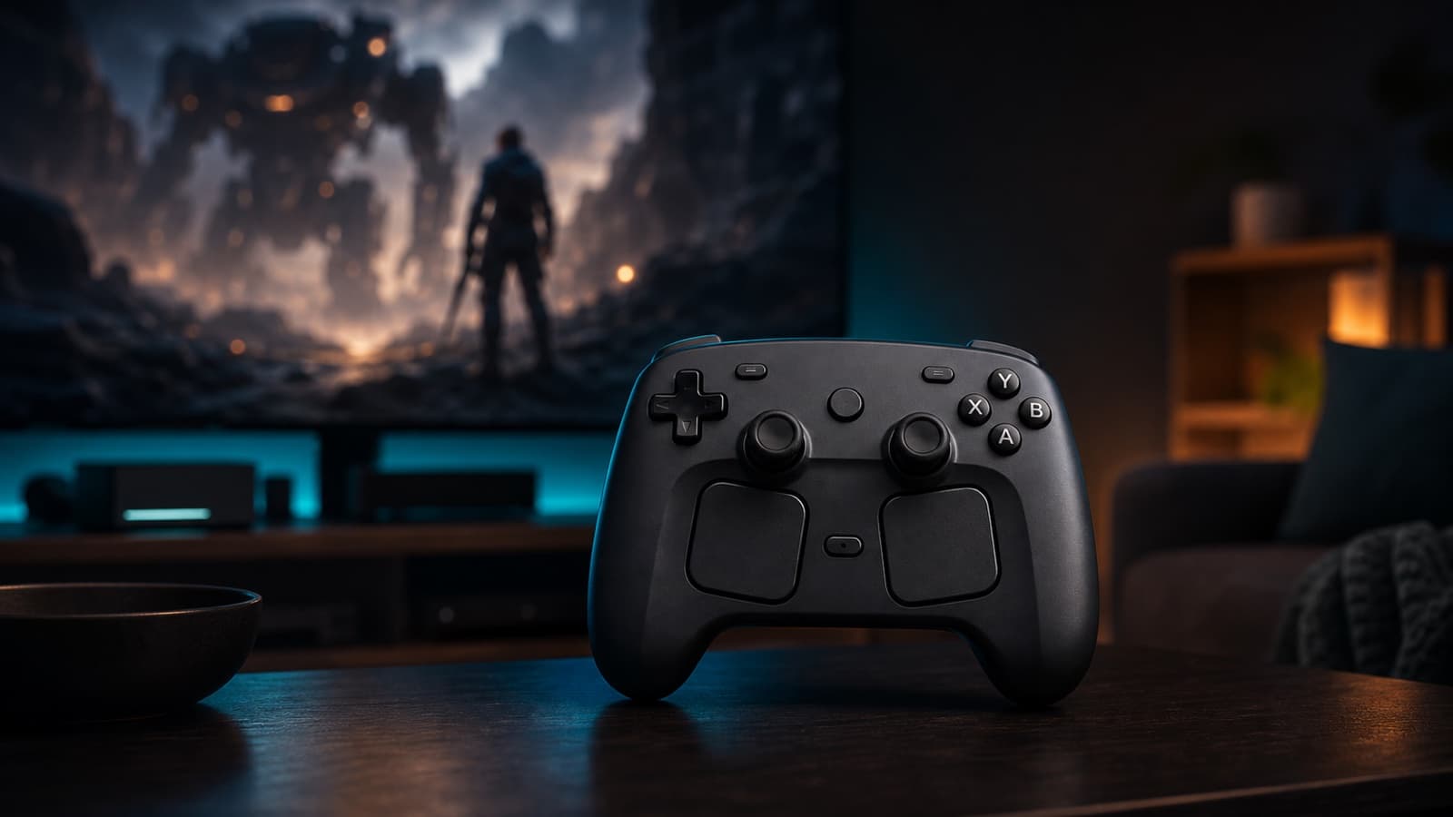 A stylized Steam Controller line-art cover with teal and amber light.