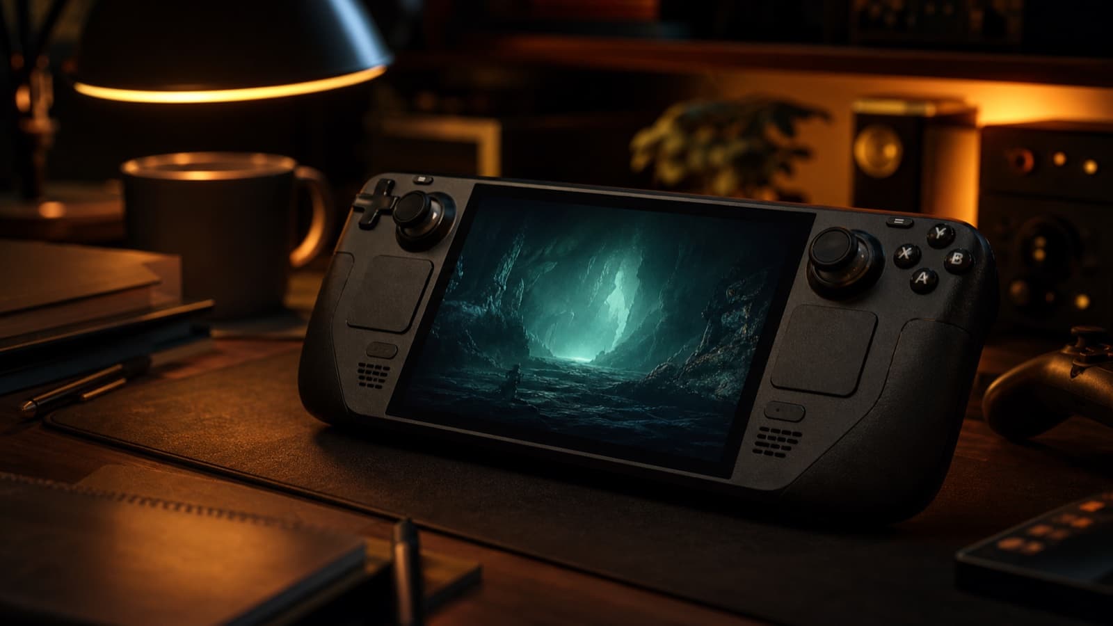 A warm dark Steam Deck commentary cover with handheld hardware on a desk.