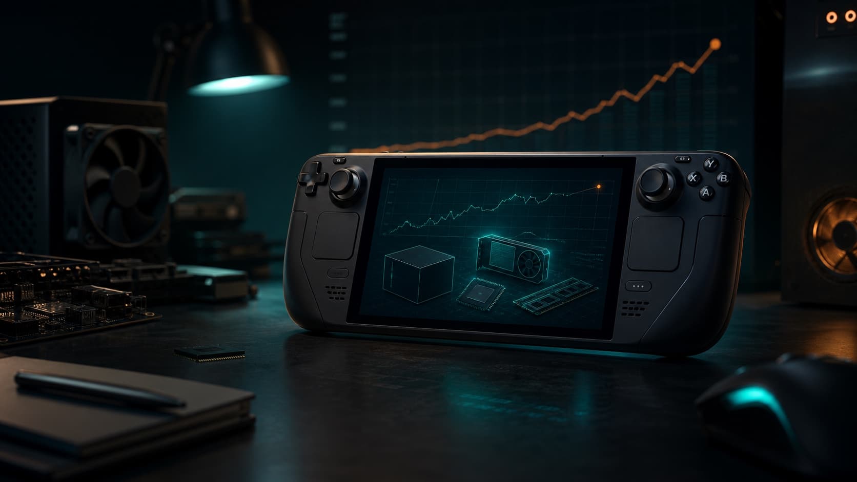 A dark benchmark desk scene showing a handheld PC as a low-spec performance target.