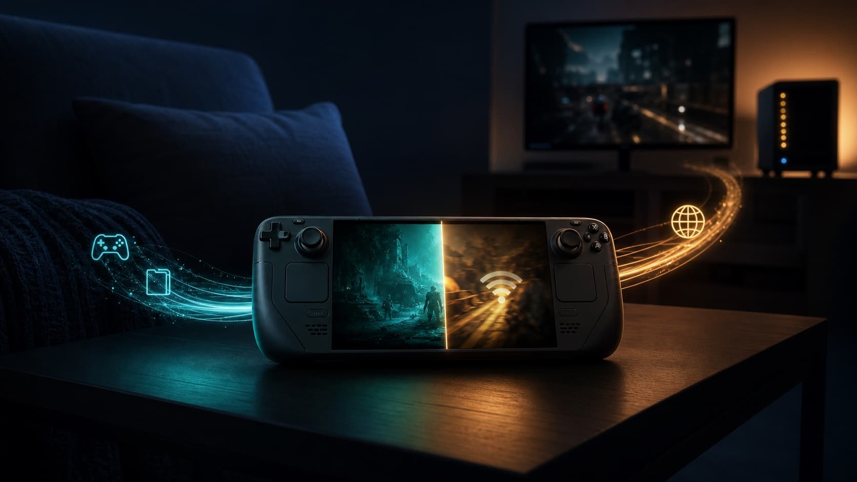 A dark handheld gaming scene split between native play and streaming paths.