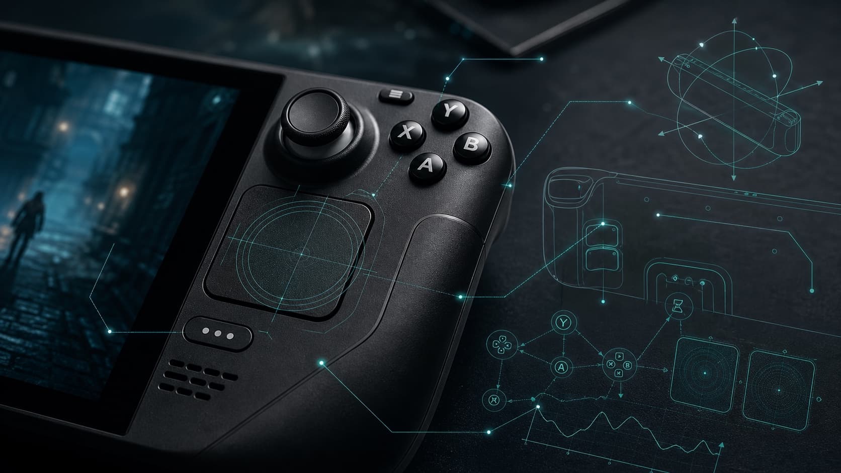A close-up handheld controls cover with technical input mapping overlays.