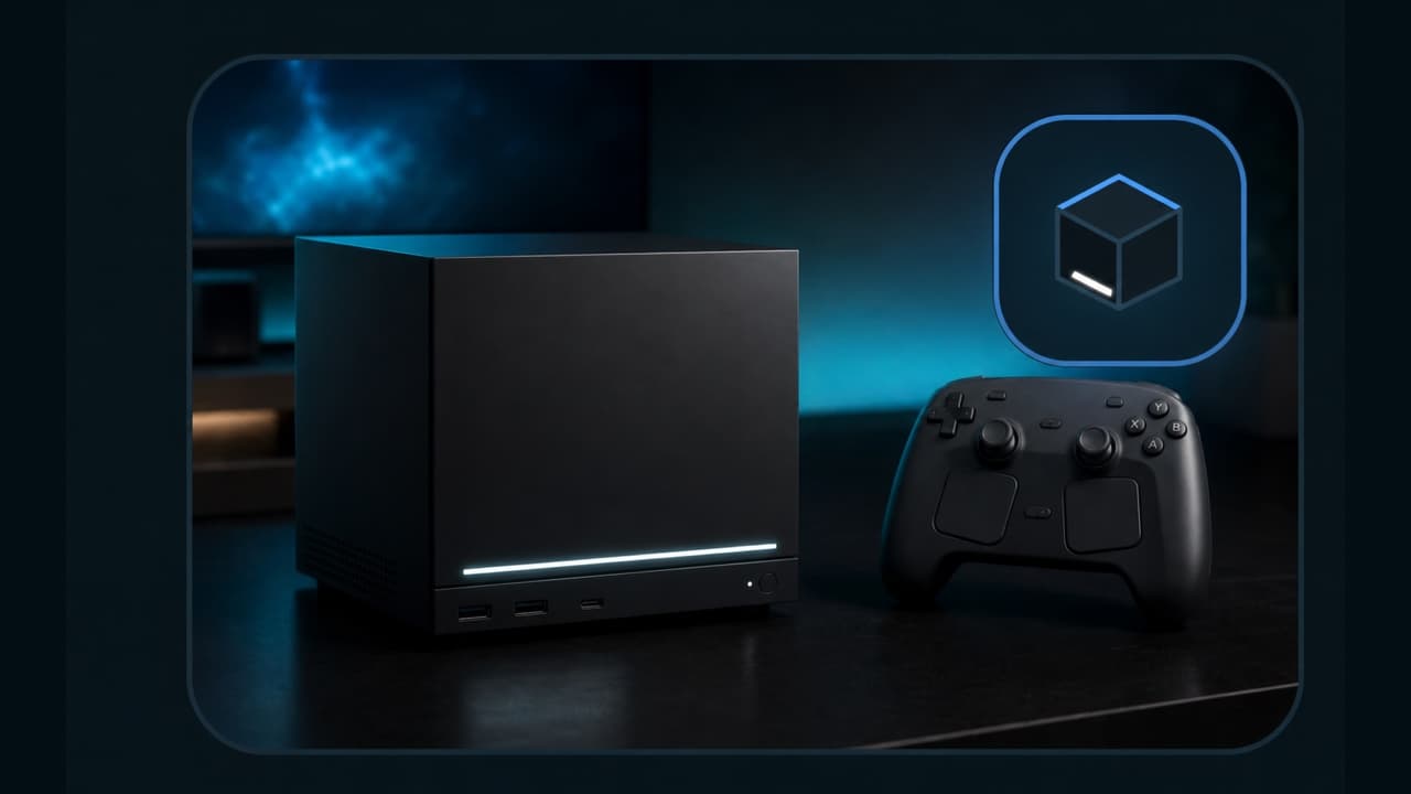 A cozy living-room SteamOS setup with a handheld PC acting as a companion screen beside a compact gaming box and TV.