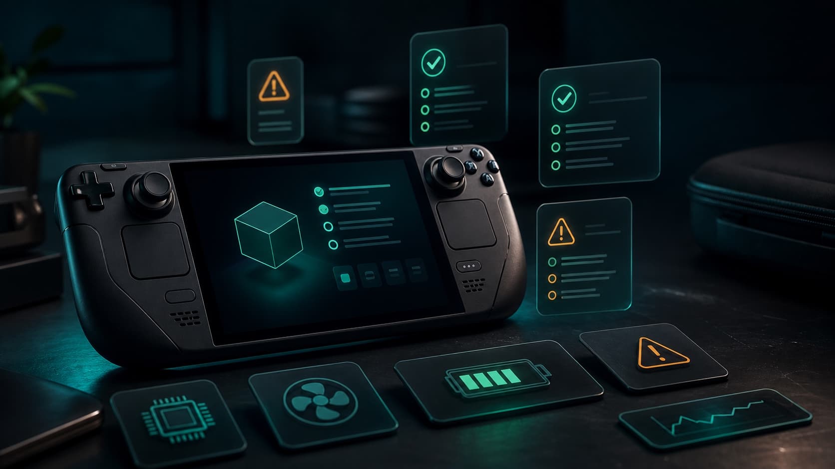 A handheld compatibility cover with checklist panels and caution signals.