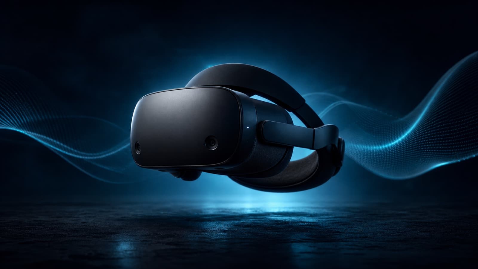 A blue-lit headset cover for Steam Frame coverage.
